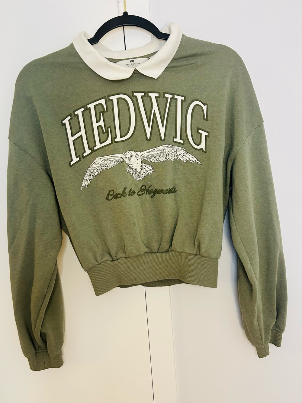 H&M Harry Potter HEDWIG Graphic Olive Green Collared Sweater Size 16/18 kids